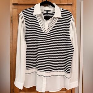 Adrianna Papell Black and White Striped Knit Vest Button Collar Blouse